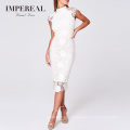 Midi Crochet Mock Neck Celebrity Lace Bodycon White Lace Dress